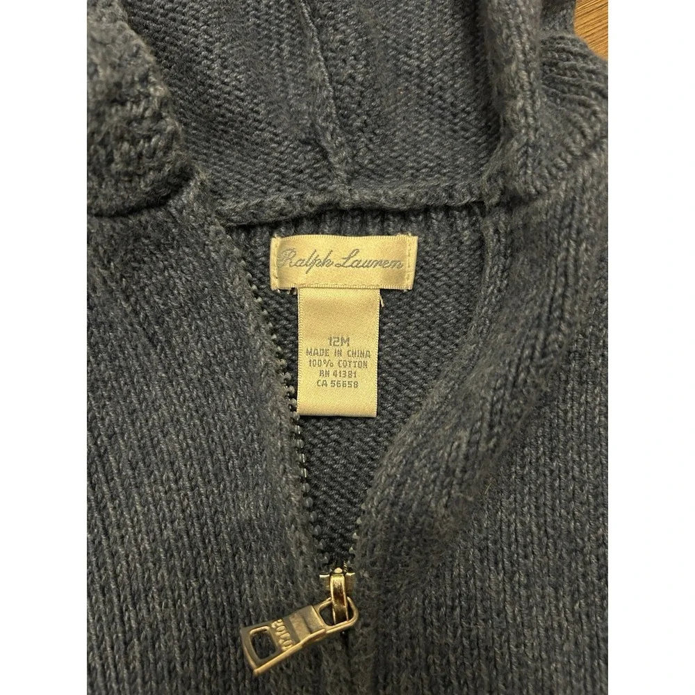 Ralph Lauren Navy Blue Hooded Knit Full Zip Sweater Jacket 12 Months Thick